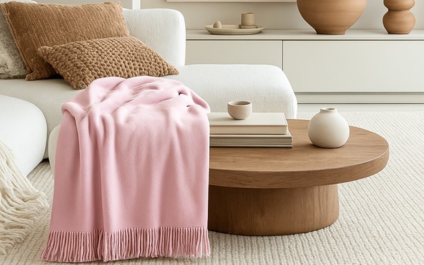 Koc Moca Design 150x200 pudrowy róż z frędzlami – narzuta na łóżko