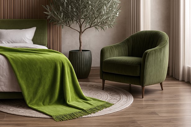 Koc Moca Design 150x200 oliwkowy z frędzlami – narzuta na łóżko