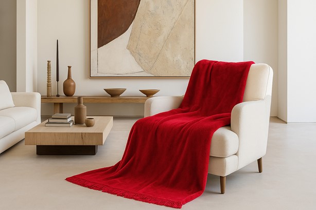 Koc Moca Design 150x200 czerwony z frędzlami – narzuta na łóżko