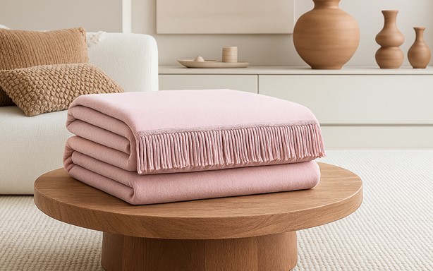 Koc Moca Design 150x200 pudrowy róż z frędzlami – narzuta na łóżko
